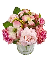 Nearly Natural 10'' Rose & Berry Arrangement in Glass Vase