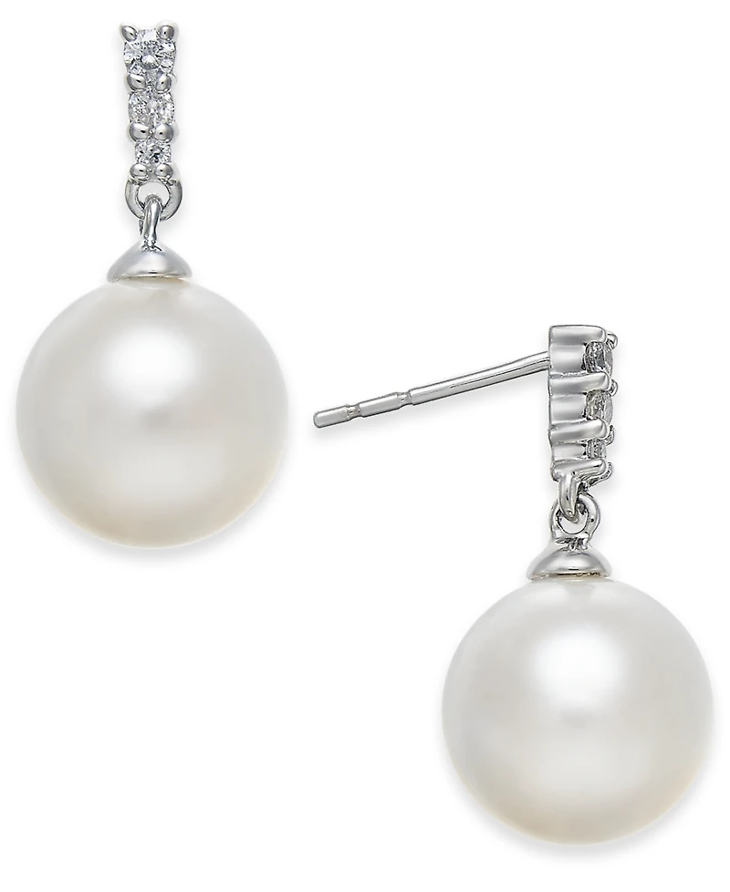 Cultured Freshwater Pearl (8mm) & Diamond Accent Drop Earrings in 14k White Gold
