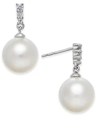 Cultured Freshwater Pearl (8mm) & Diamond Accent Drop Earrings in 14k White Gold