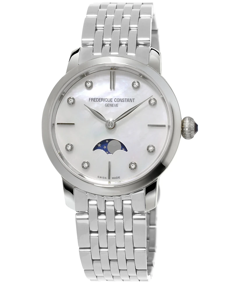 Frederique Constant Women's Swiss Slimline Diamond-Accent Stainless Steel Bracelet Watch 30mm