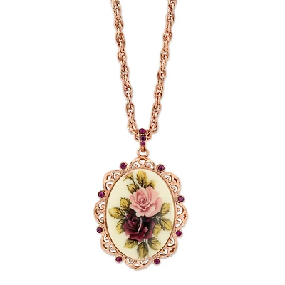 2028 Rose Gold-Tone Purple Crystal Flower Oval Pendant Necklace 28"