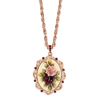 2028 Rose Gold-Tone Purple Crystal Flower Oval Pendant Necklace 28"