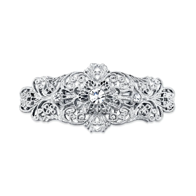 2028 Silver-Tone Crystal Filigree Bar Barrette