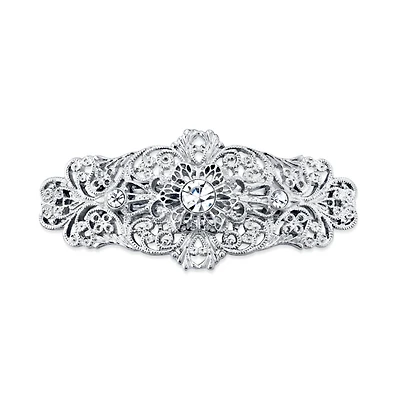 2028 Silver-Tone Crystal Filigree Bar Barrette