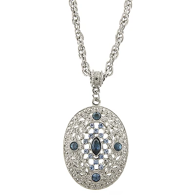 2028 Silver-Tone Dark and Light Blue Crystal Filigree Oval Pendant Necklace 16" Adjustable