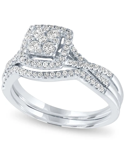 Diamond Square Halo Cluster Bridal Set (1/2 ct. t.w.) 14k White Gold
