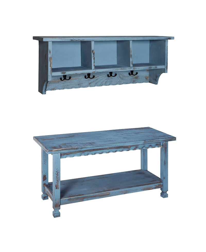 Country Cottage Coat Hooks and Bench Set,Blue Antique Finish