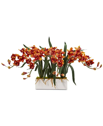 Nearly Natural Cymbidium Artificial Arrangement White Vase