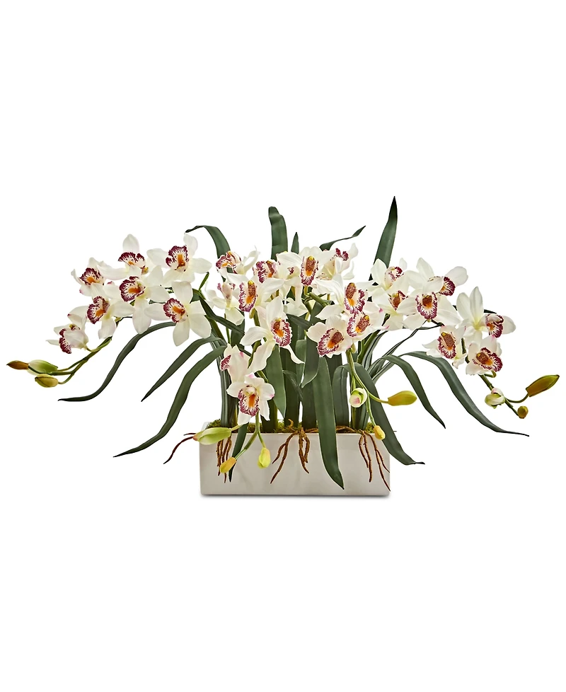 Nearly Natural Cymbidium Artificial Arrangement White Vase