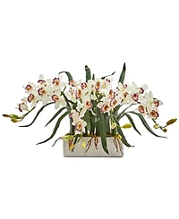 Nearly Natural Cymbidium Artificial Arrangement White Vase