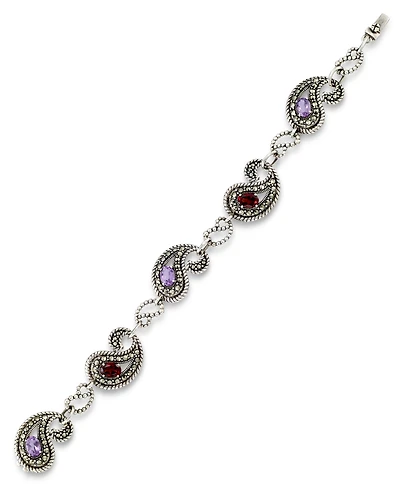 Amethyst (1-3/4 ct. t.w.), Garnet (1-3/4 ct. t.w) & Marcasite Paisley Link Bracelet in Sterling Silver