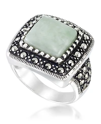 Jade (11 x 11mm) & Marcasite Square Ring in Sterling Silver