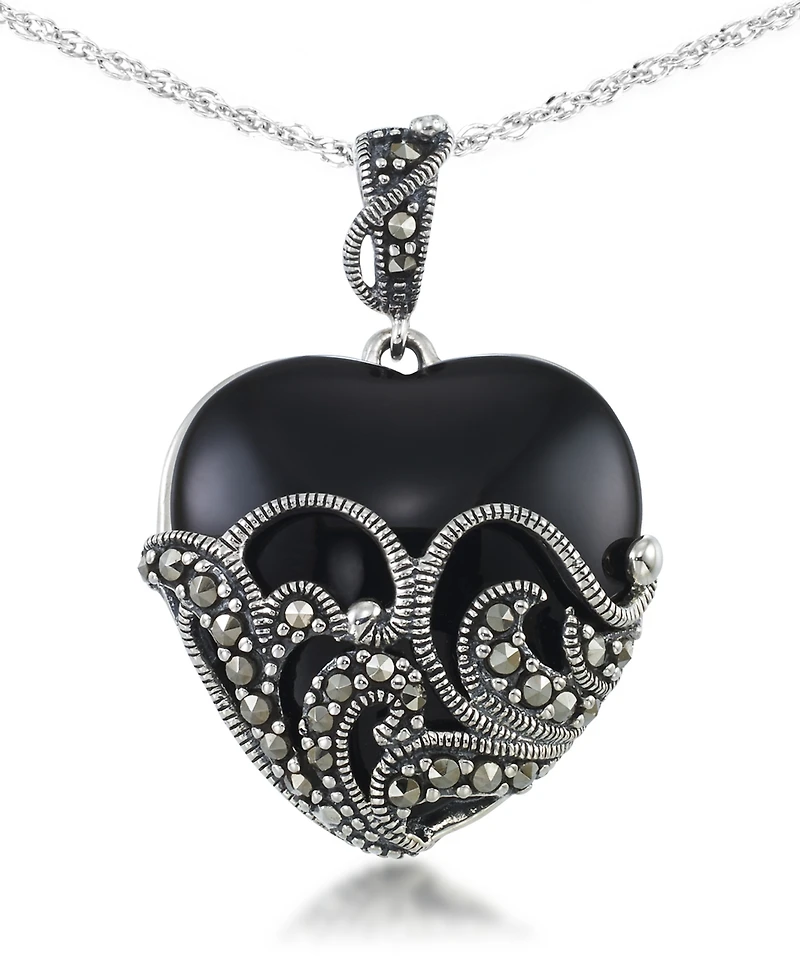 Onyx (24 X 24mm) & Marcasite Heart Pendant on 18" Chain in Sterling Silver