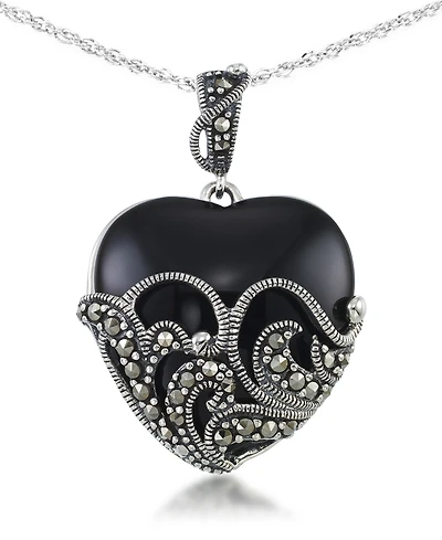 Onyx (24 X 24mm) & Marcasite Heart Pendant on 18" Chain in Sterling Silver