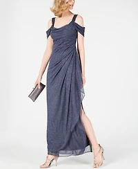Alex Evenings Petite Cold-Shoulder Draped Metallic Gown