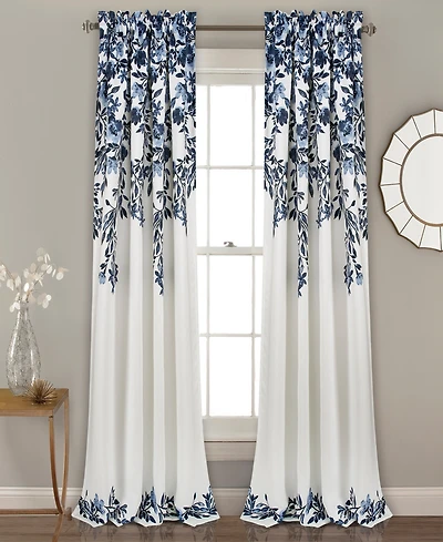 Lush Decor Tanisha Light Filtering Window Curtain Panels Pair 52"W x 84"L Navy & White - Floral Curtains for Bedroom - Drapes