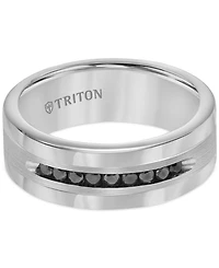 Triton Men's Tungsten and Sterling Silver Ring, Channel-Set Black Diamond Accent Wedding Band