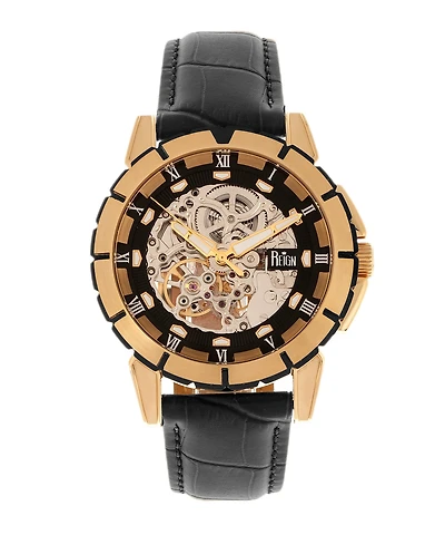 Reign Philippe Automatic Rose Gold Case, Black Dial, Genuine Black Leather Watch 41mm
