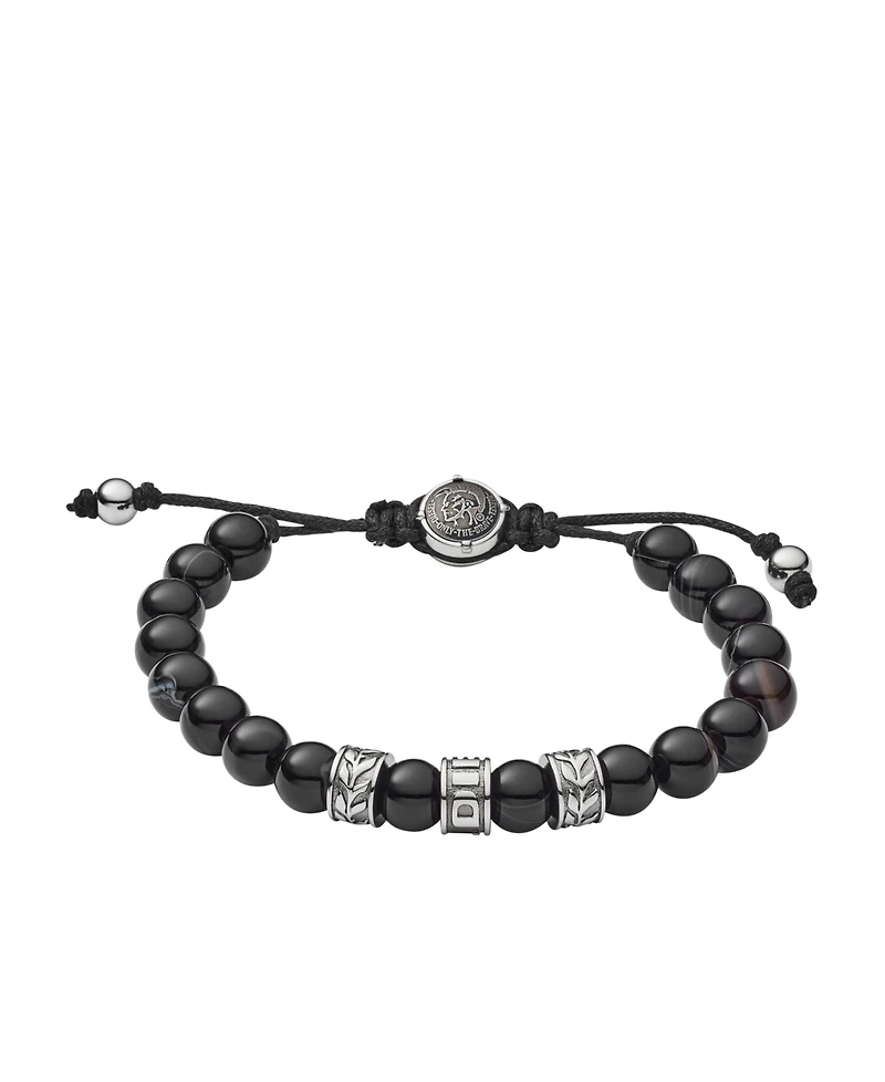 Diesel Men's Stainless-Steel and Black Line Agate Bead Bracelet