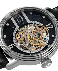 Stuhrling Stainless Steel Case on Black Perforated Alligator Embossed Genuine Leather Strap with White Contrast Stitching, Black Skeletonized Dial, wi
