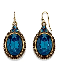 2028 Burnished Brass-Tone Indicolite Blue Color and Ab Accent Oval Drop Wire Earrings