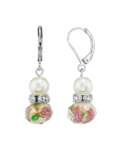 2028 Silver Tone Faux Pearl Pink Green Beaded Drop Wire Earring
