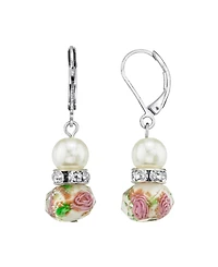 2028 Silver Tone Faux Pearl Pink Green Beaded Drop Wire Earring