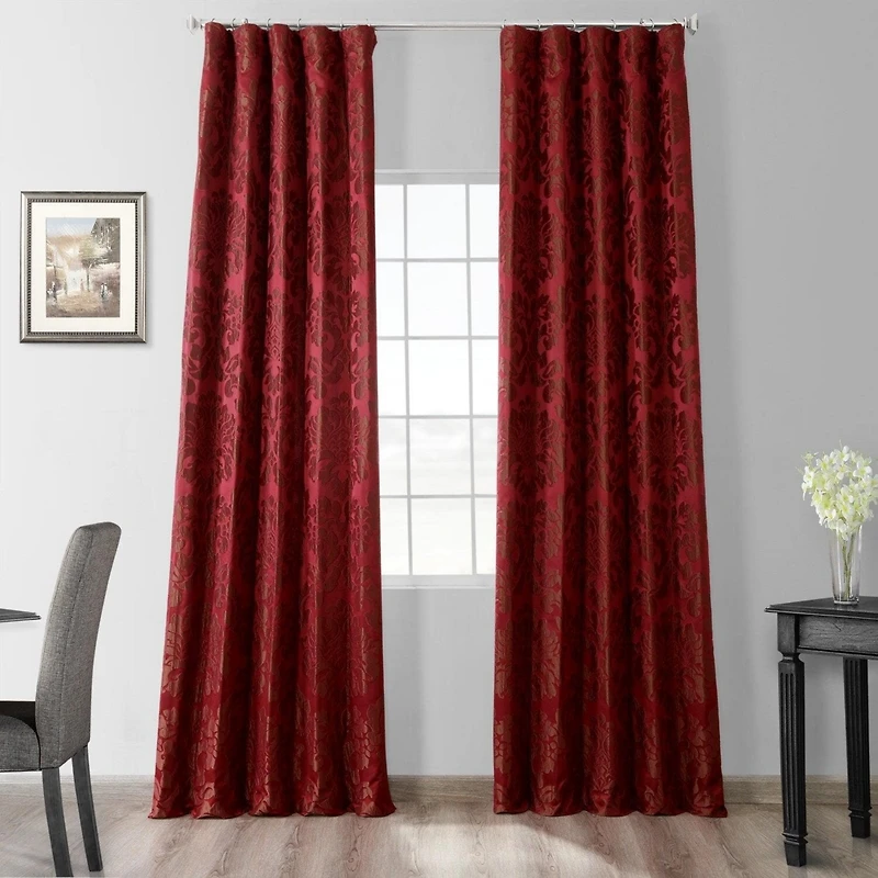 Half Price Drapes Astoria Red & Bronze Damask Faux Silk Jacquard Room Darkening Curtain