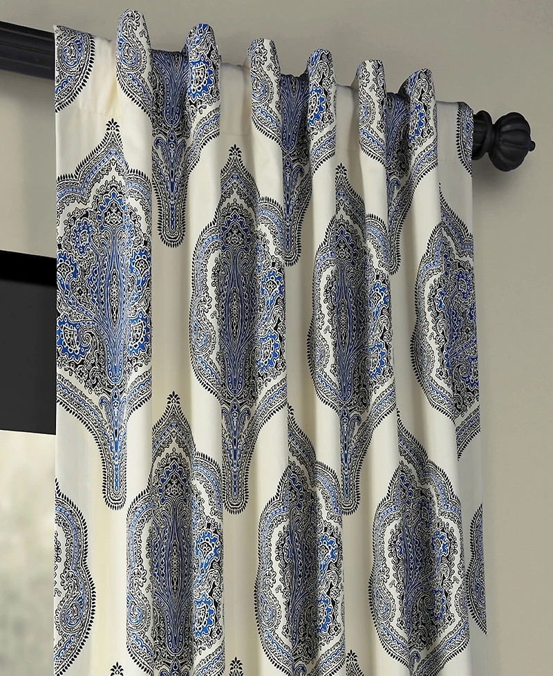 Half Price Drapes Arabesque Blue Emblem Printed Cotton Room Darkening Curtain