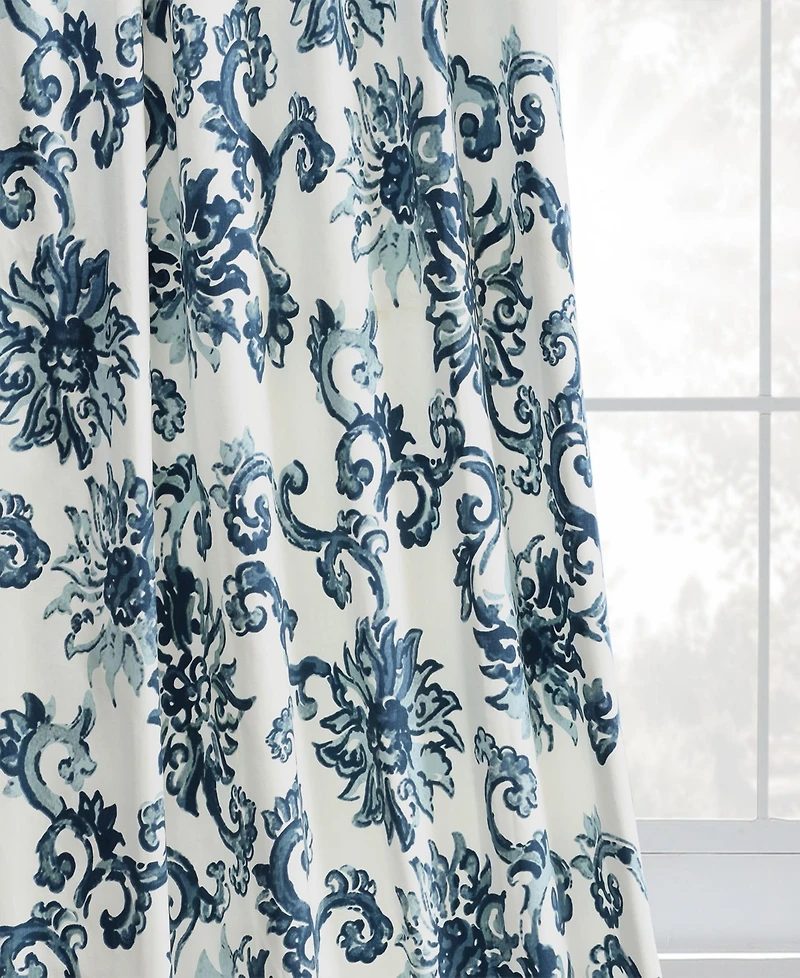 Half Price Drapes Indonesian Blue Floral Printed Cotton Room Darkening Curtain