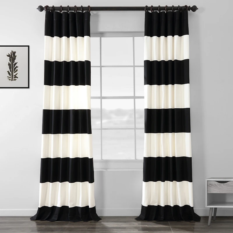 Half Price Drapes Onyx Black & Off White Horizontal Striped Printed Cotton Room Darkening Curtain