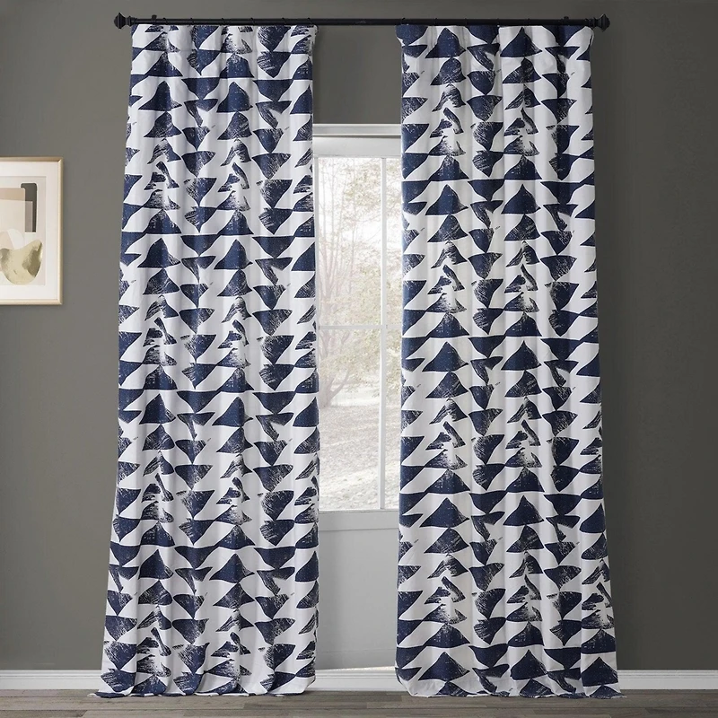 Half Price Drapes Triad Indigo Geometric Printed Cotton Room Darkening Curtain