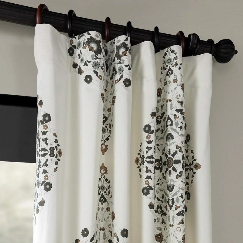 Half Price Drapes Kerala Cocoa Emblem Printed Cotton Room Darkening Curtain