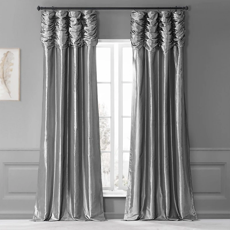 Half Price Drapes Platinum Ruched Solid Faux Silk Taffeta Room Darkening Curtain