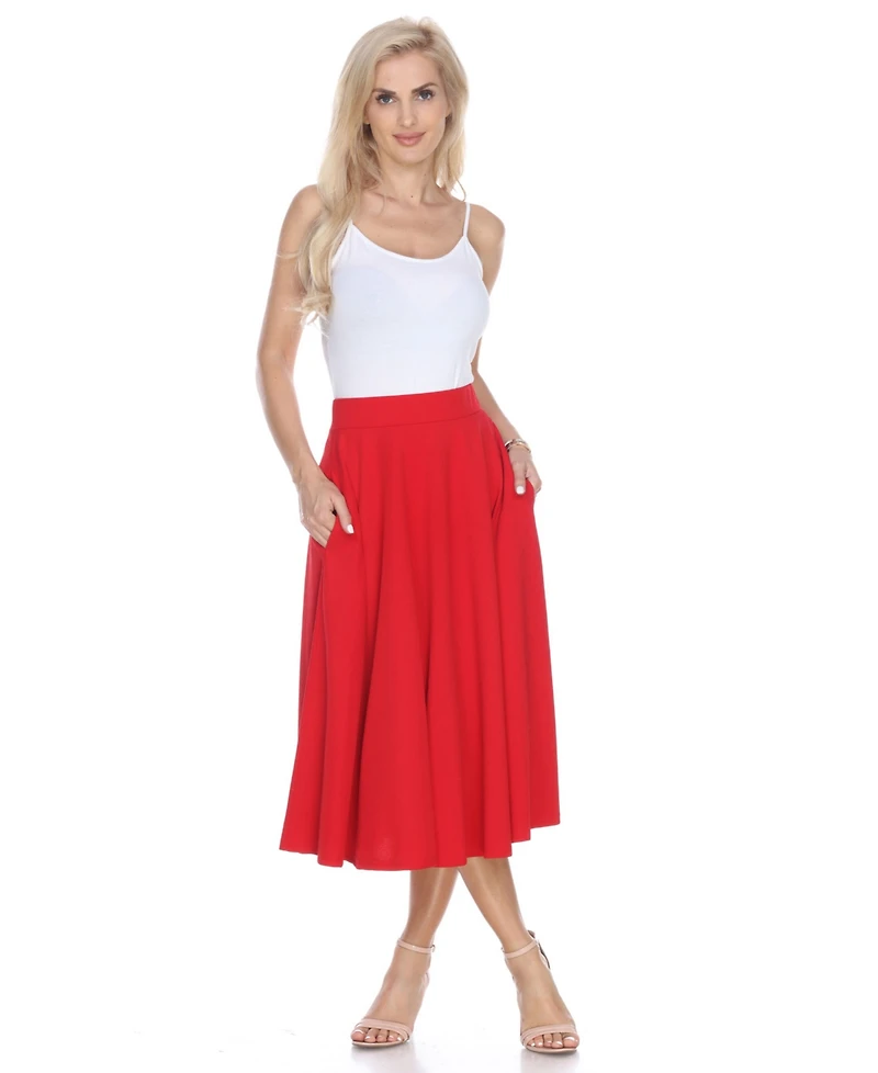 White Mark Flared Midi Skirt with Pockets