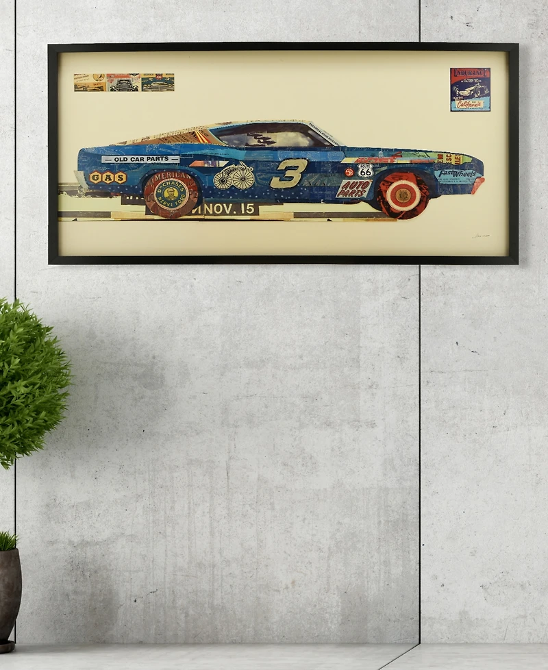 Empire Art Direct "Muscle Blue Car" Dimensional Collage Framed Graphic Art Under Glass Wall Art - 25'' x 48''