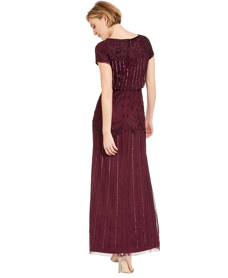 Adrianna Papell Women's Beaded Short-Sleeve Sheer-Overlay Gown