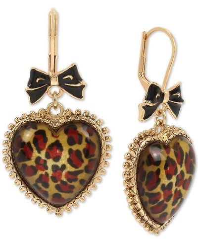 Betsey Johnson Gold-Tone Leopard Animal-Print Heart Drop Earrings