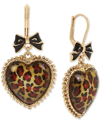 Betsey Johnson Gold-Tone Leopard Animal-Print Heart Drop Earrings