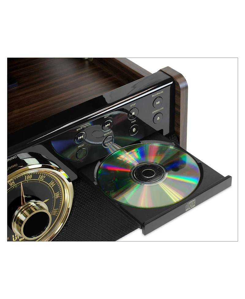 Innovative Technology Victrola 6-in-1 Wood Empire Mid Century Modern Bluetooth Record Player with 3-Speed Turntable, Cd, Cassette Player and Radio