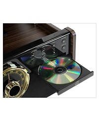 Innovative Technology Victrola 6-in-1 Wood Empire Mid Century Modern Bluetooth Record Player with 3-Speed Turntable, Cd, Cassette Player and Radio