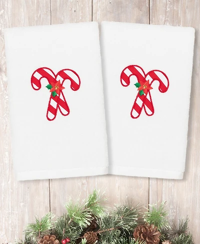 Linum Home Christmas Candy Canes Embroidered 100% Turkish Cotton 2-Pc. Hand Towel Set