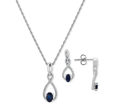 2-Pc. Set Sapphire (1-1/3 ct. t.w.) & Diamond (1/20 Pendant Necklace Matching Drop Earrings Sterling Silver (Also Emerald)