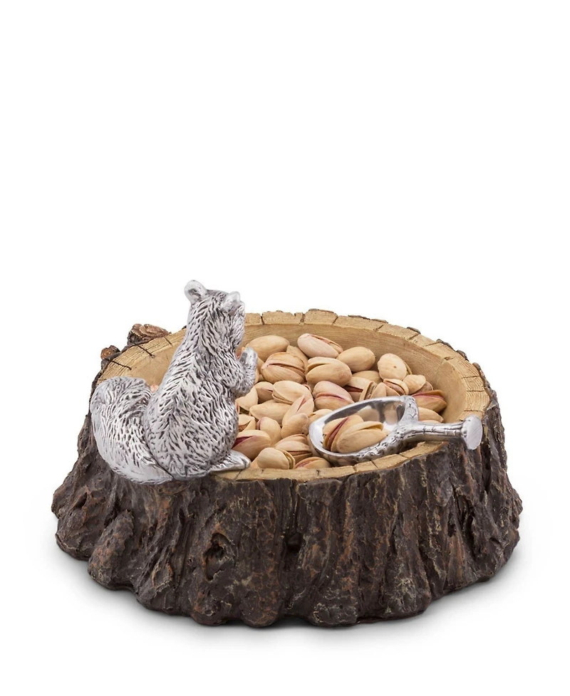 Arthur Court Designs Aluminum Standing Squirrel on Log Nut Bowl
