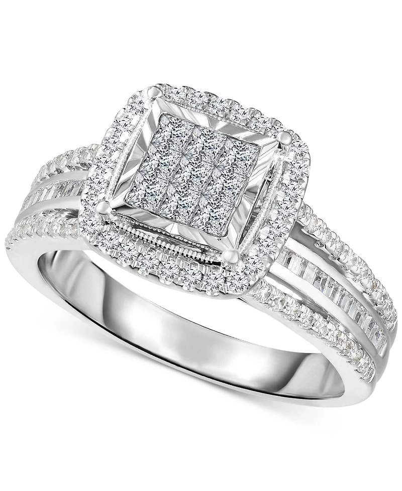 TruMiracle Diamond Princess Shaped Halo Cluster Engagement Ring (1 ct. t.w.) in 10k White Gold