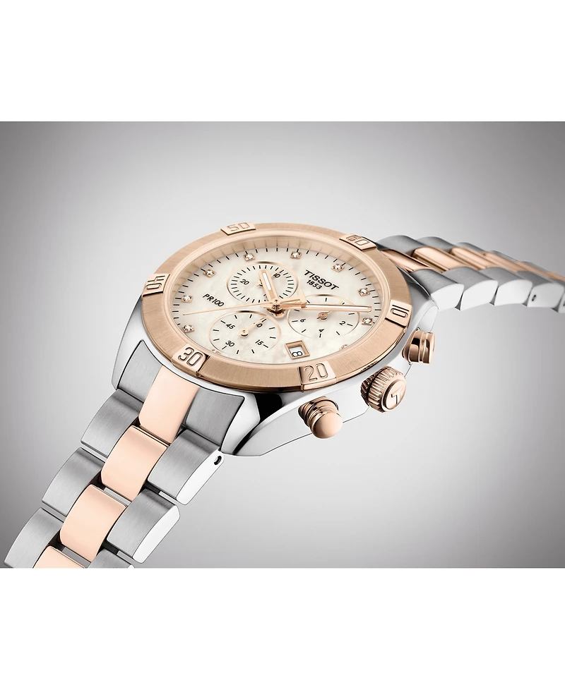 Tissot Women's Swiss Chronograph T-Classic Pr 100 Diamond (1/20 ct. t.w.) Two-Tone Pvd Stainless Steel Bracelet Watch 38mm