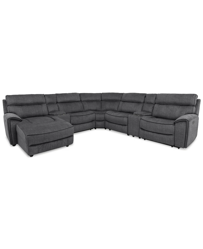 Closeout! Hutchenson 7-Pc. Fabric Chaise Sectional with 3 Power Recliners and 2 Consoles
