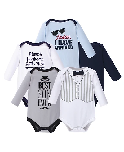 Hudson Baby Boys Soft Cotton Long-Sleeve Bodysuit Bundle (5-Count