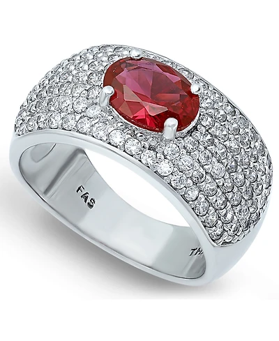 Cubic Zirconia Pave Band Ring with Red Cz Oval Center Prong Stone Silver Plate