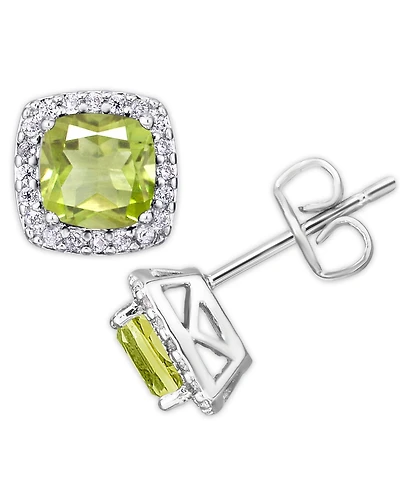 Birthstone Cushion Halo Solitaire Stud Earrings Silver Plate